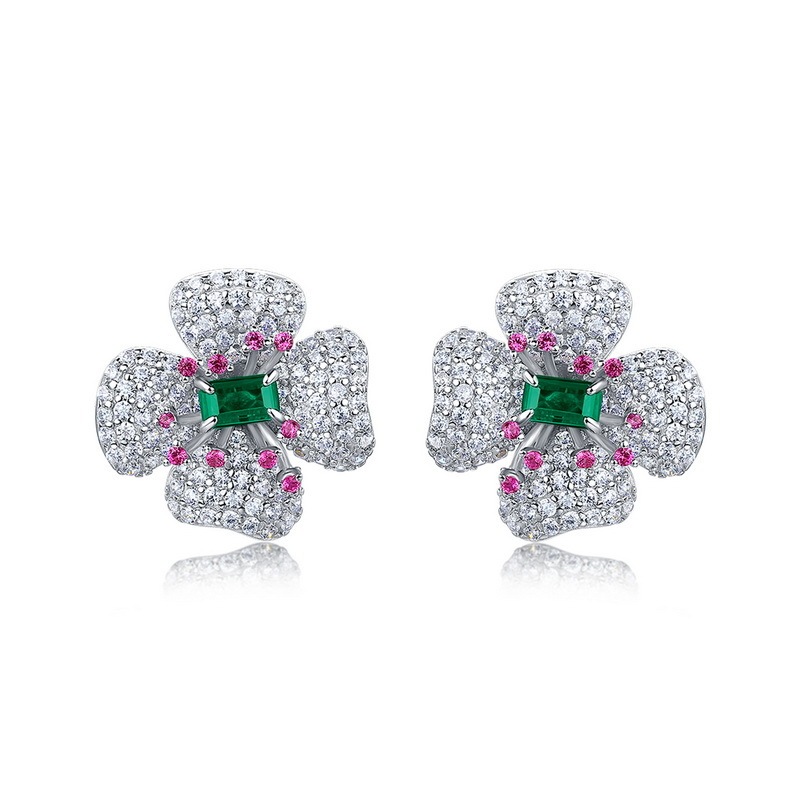 Lab Created Emerald 0.6CT Step Cut 14K White Gold Flowers Earring EE-25003