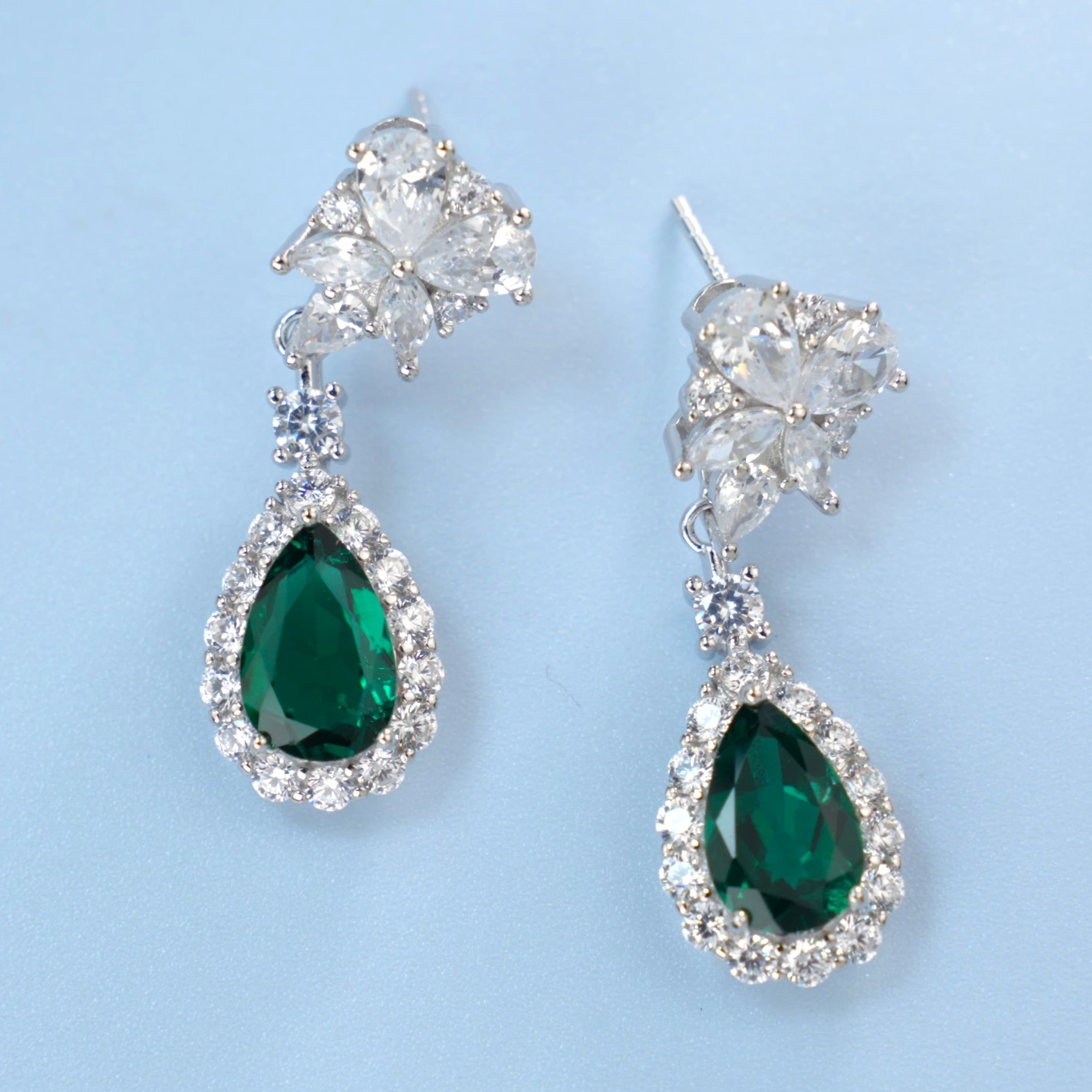 Lab Created Emerald 5CT Pear Cut 14K White Gold Flower Earring EE-25005