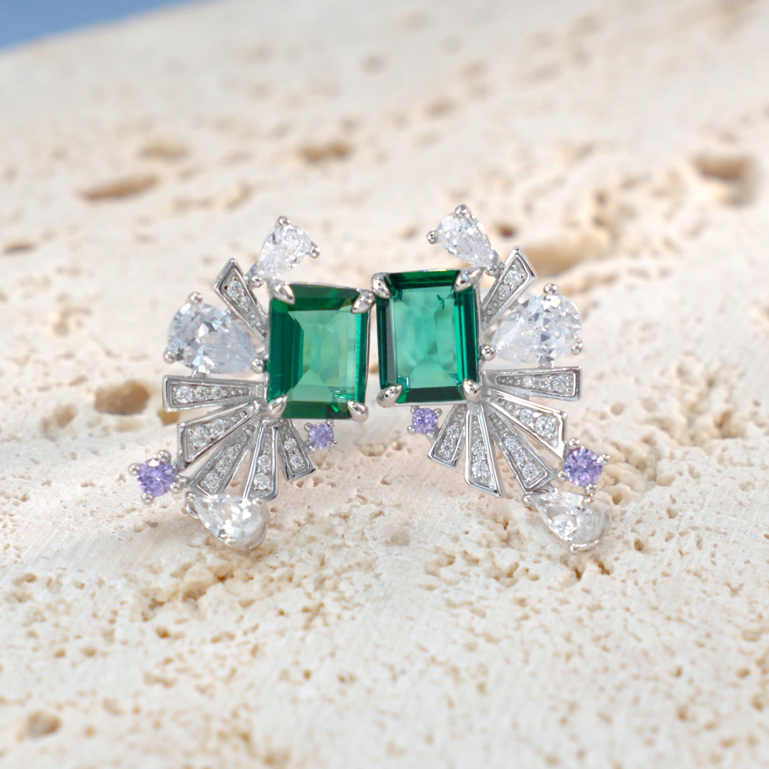 Lab Created Emerald 2.4CT Step Cut 14K White Gold Earring EE-25001