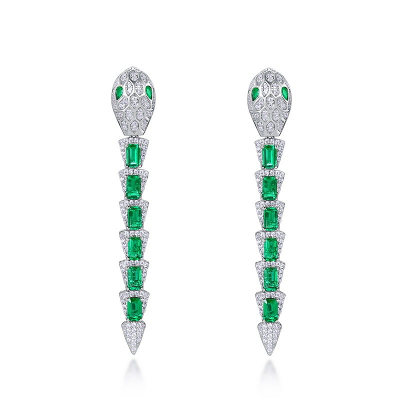Lab Created Emerald 3.6CT Step Cut 14K White Gold Snake Earring EE-25002