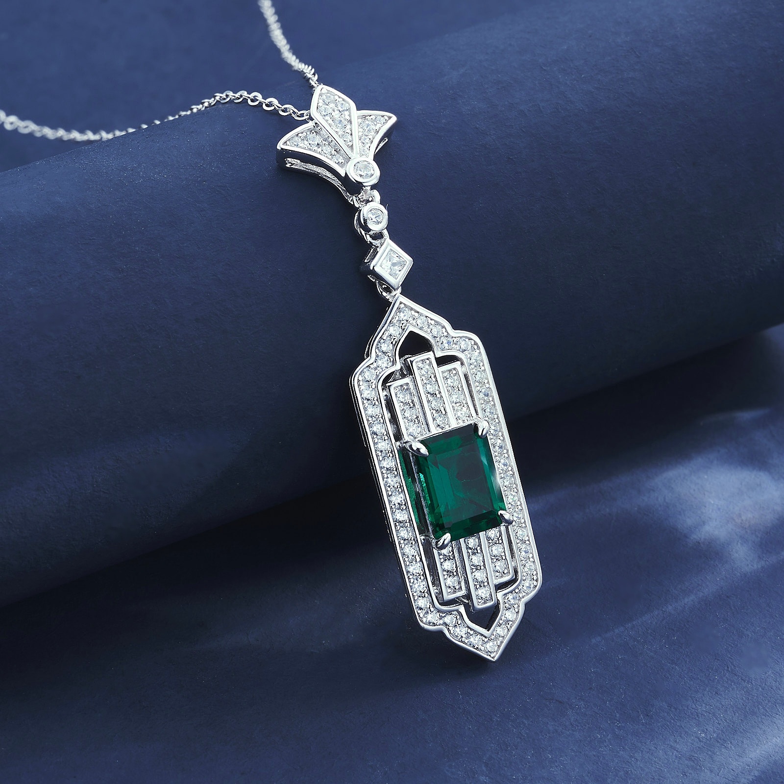 Lab Created Emerald 2CT Emerald Cut 14K White Gold Pendant PE-25004