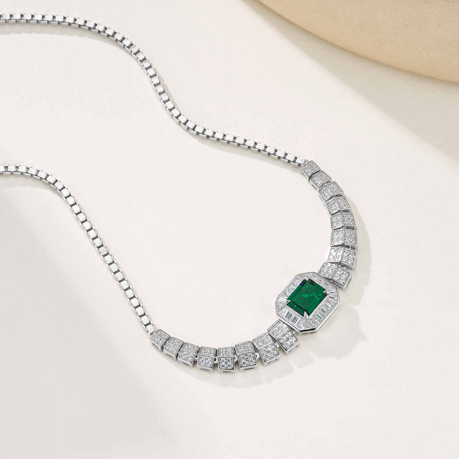 Lab Created Emerald 1.5CT Rectangular Brilliant Cut 14K White Gold Pendant PE-25007