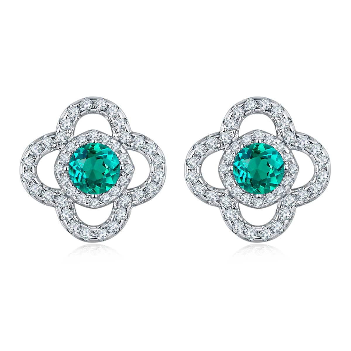 Lab Created Emerald 0.6CT Round Cut 14K White Gold Clover Earring EE-25009