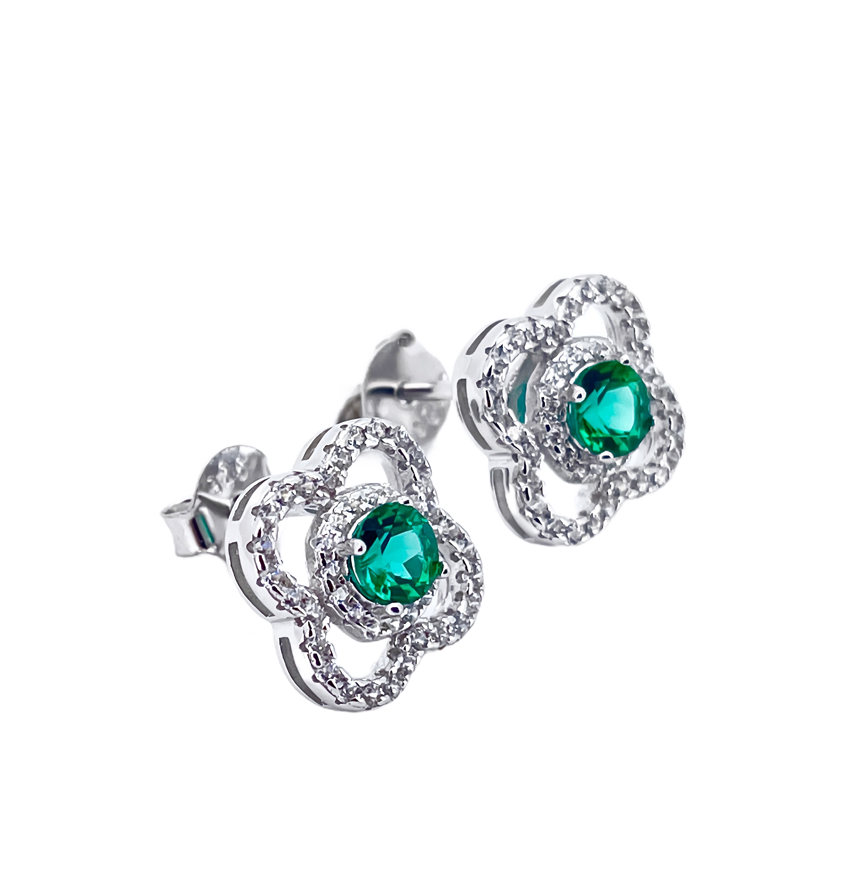 Lab Created Emerald 0.6CT Round Cut 14K White Gold Clover Earring EE-25009