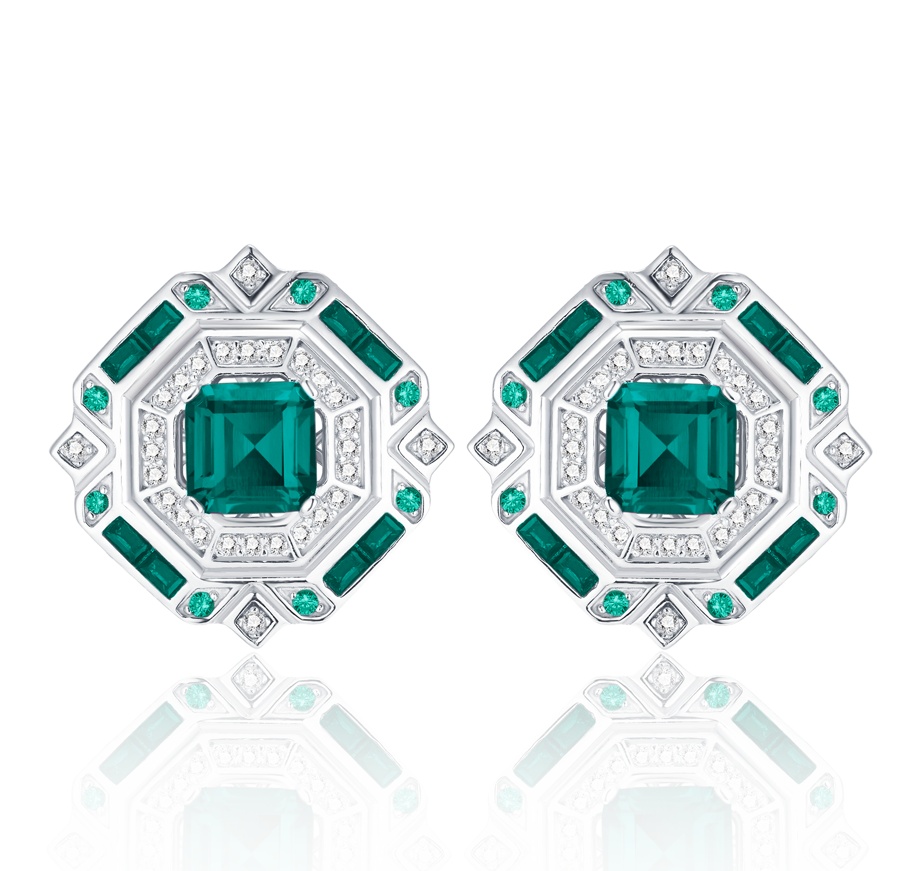 Lab Created Emerald 2.4CT Step Cut 14K White Gold Earring EE-25008