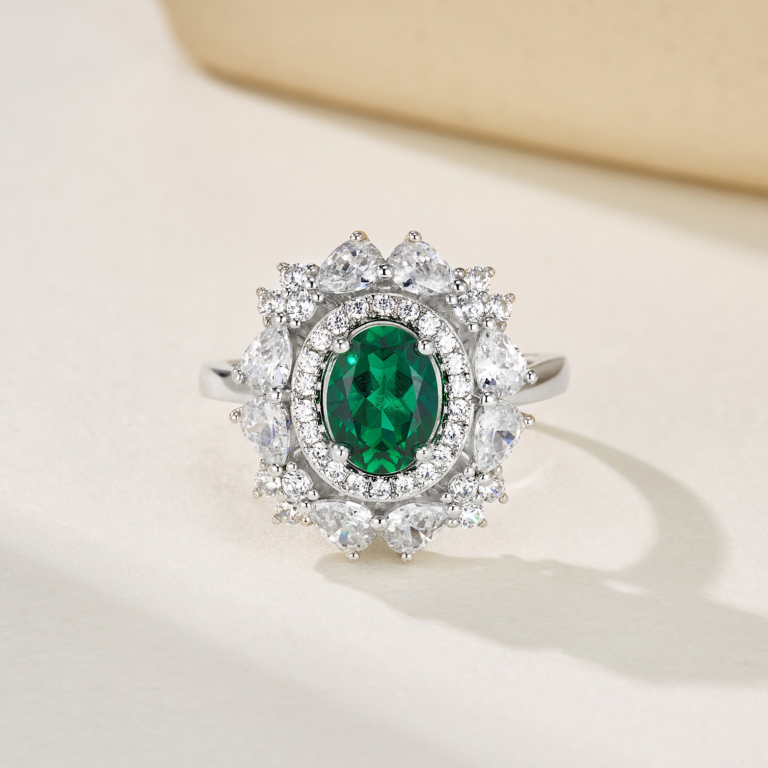 Lab Created Emerald 1.2CT Oval Cut 14K White Gold Halo Ring ER-25010