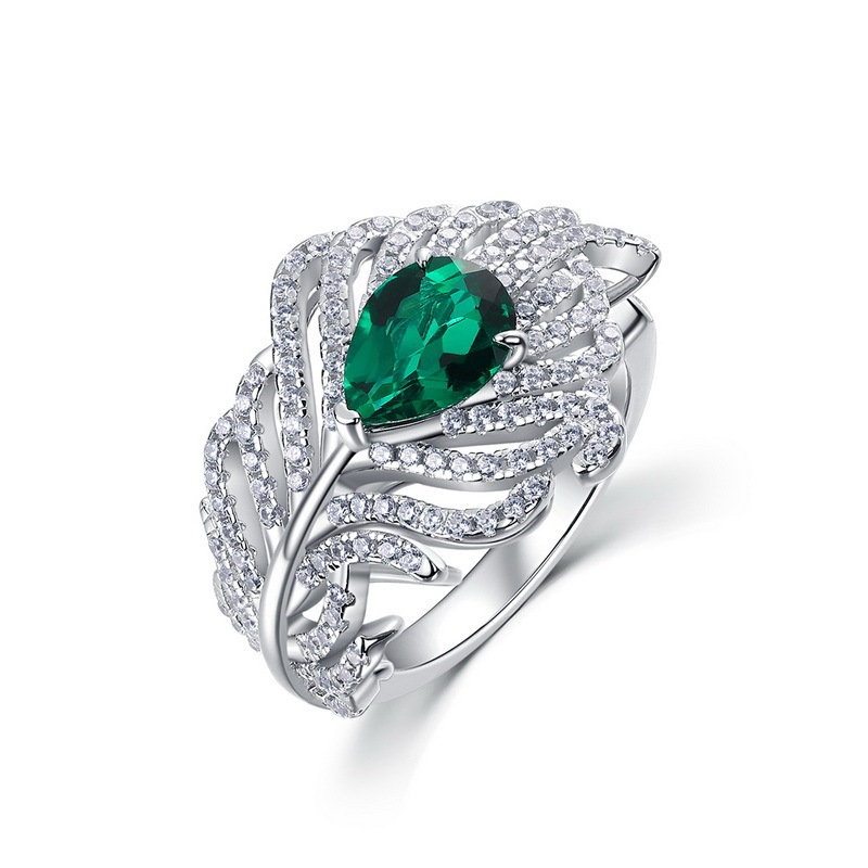 Lab Created Emerald 0.3CT Pear Cut 14K White Gold Leaf Ring ER-25009
