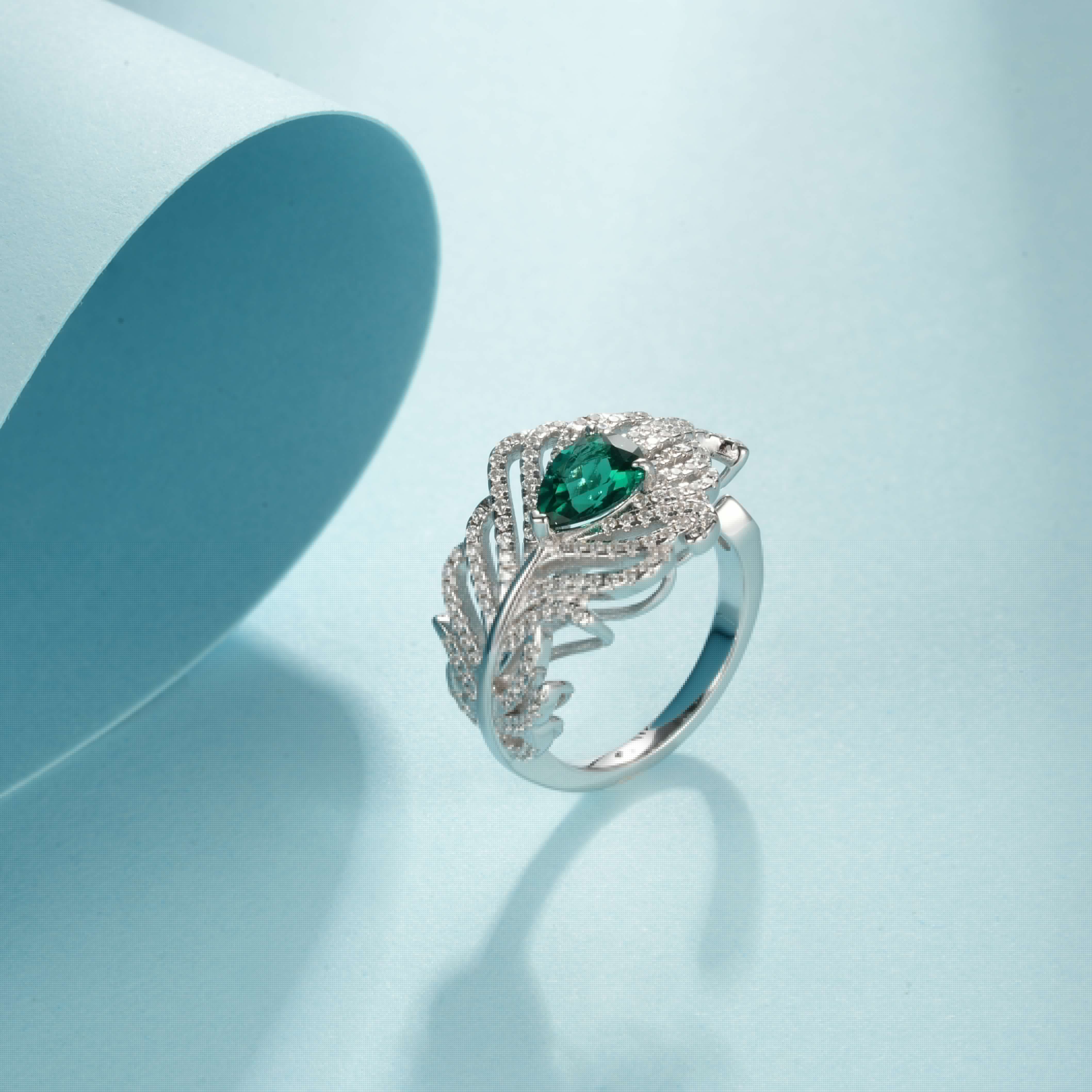 Lab Created Emerald 0.3CT Pear Cut 14K White Gold Leaf Ring ER-25009