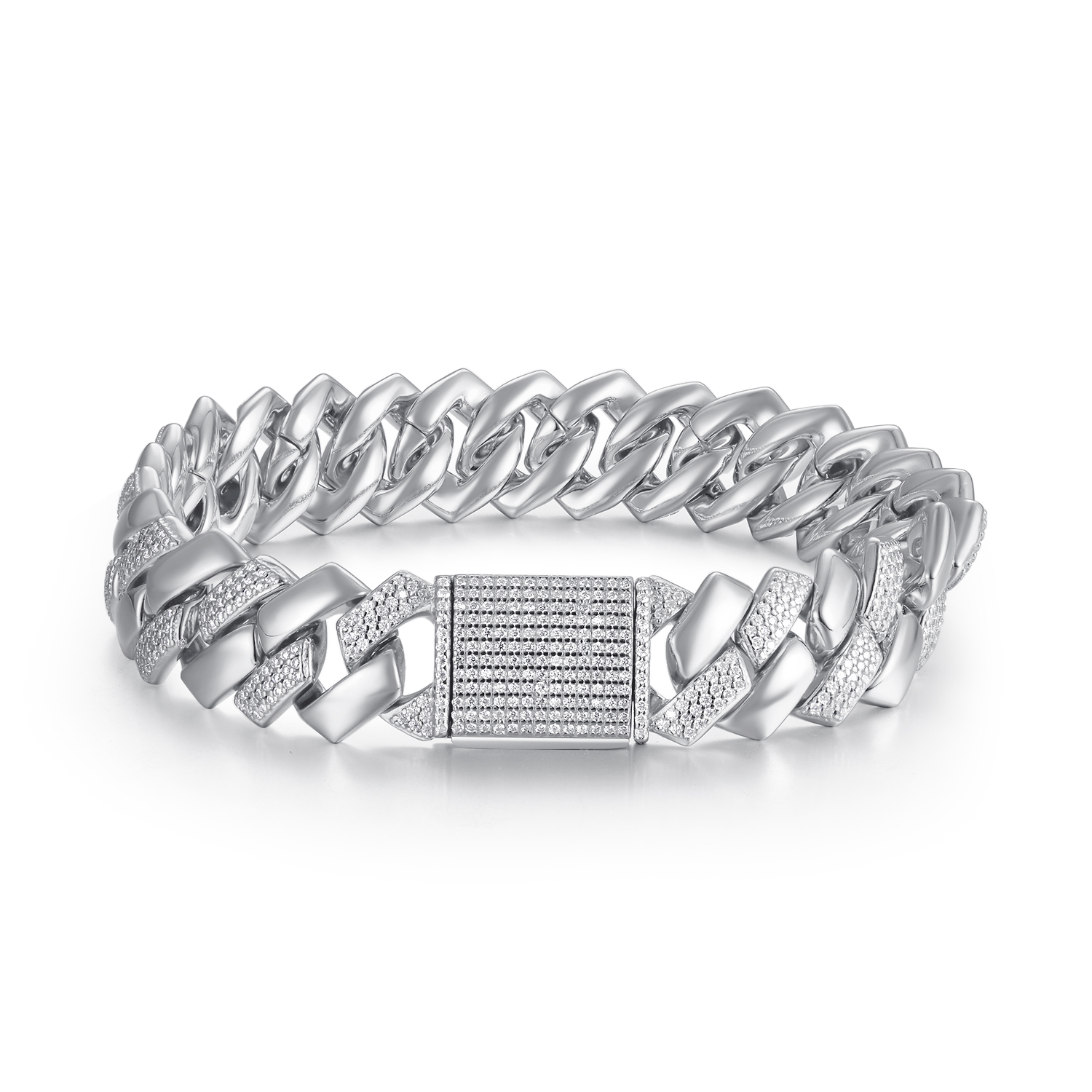 Urban Bling: Lab-Created Moissanite Setting Hip Hop Cuban Chain Sterling Silver 925 Bracelet