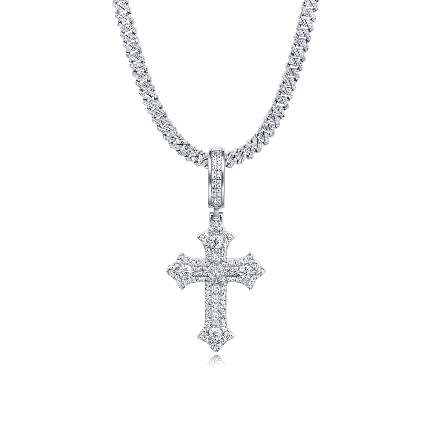 925 Sterling Silver Iced - Out Ornate Cross Moissanite Cuban Link Hip - Hop Necklac
