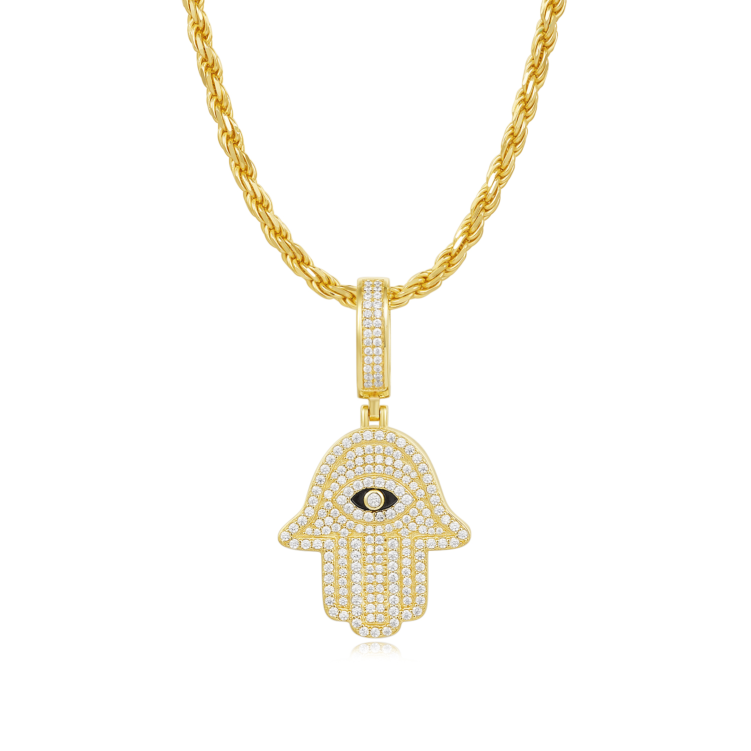 925 Silver Moissanite - Paved Hamsa Hand Hip - Hop Bling Chain Necklace