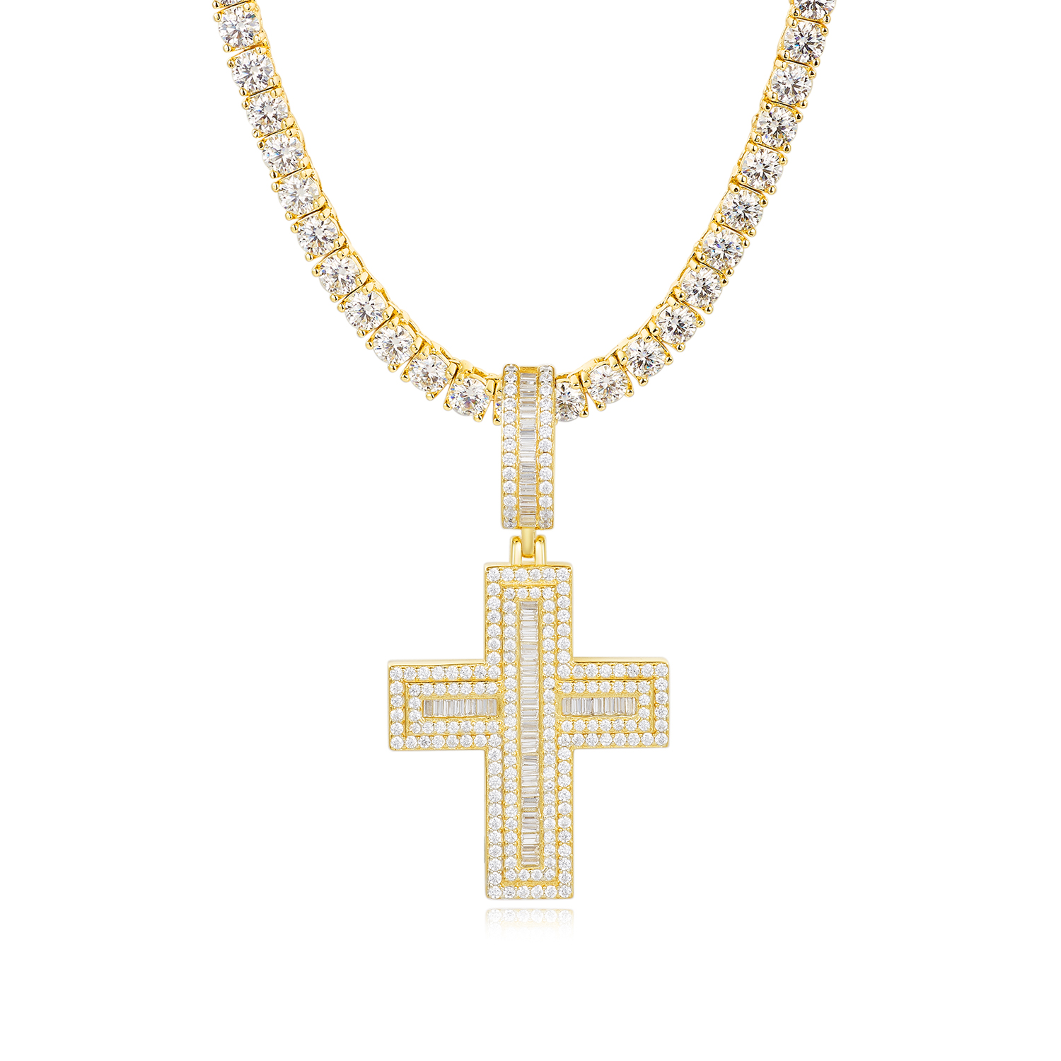 925 Silver Moissanite - Paved Baguette & Round Cross Hip - Hop Bling Chain Necklace