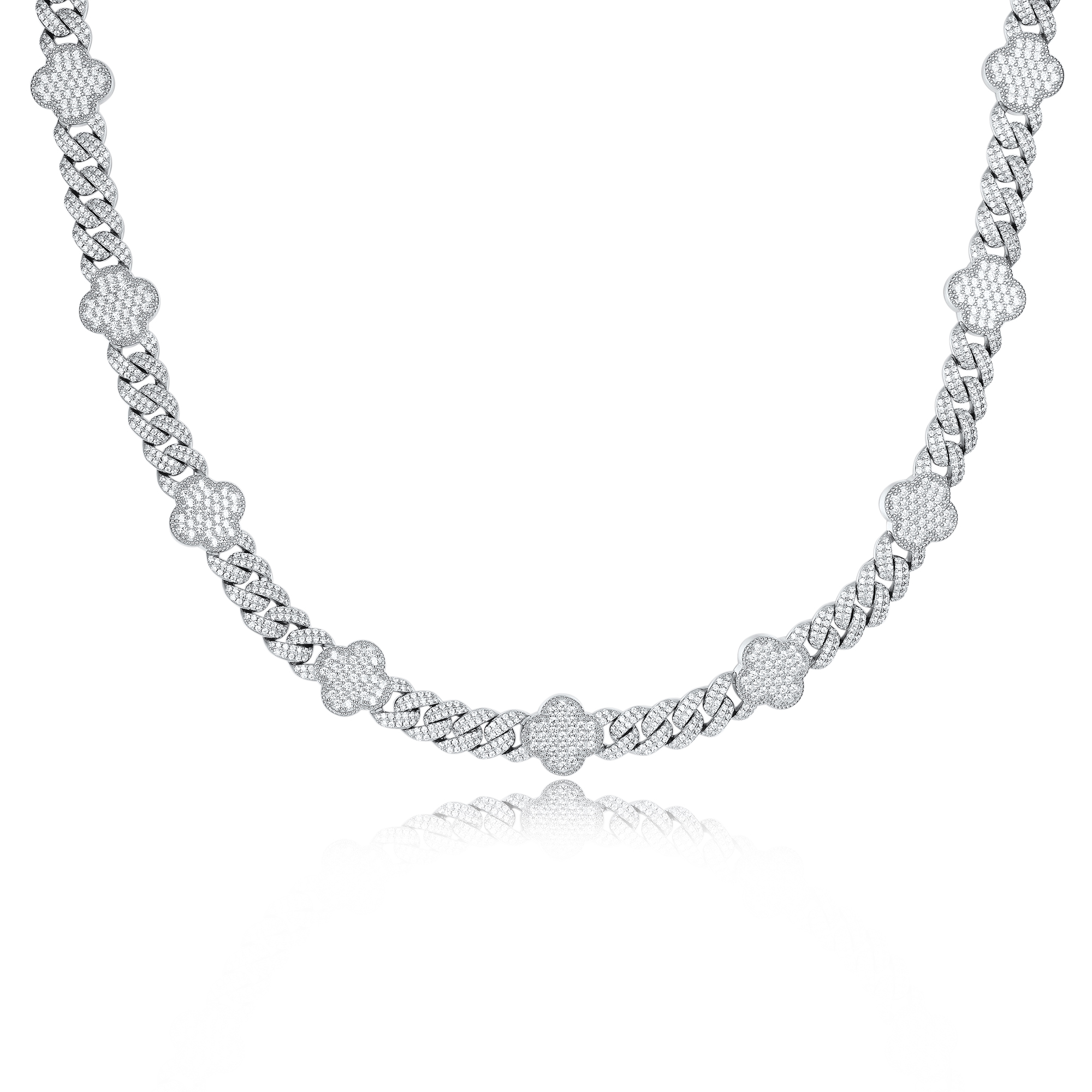 925 Silver Moissanite - Paved Clover Link Hip - Hop Bling Necklace