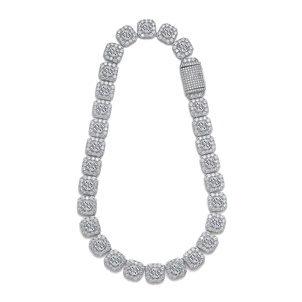 Iced Moissanite Square 925 Silver Hip - Hop Chain with Pave - Set Links Necklace