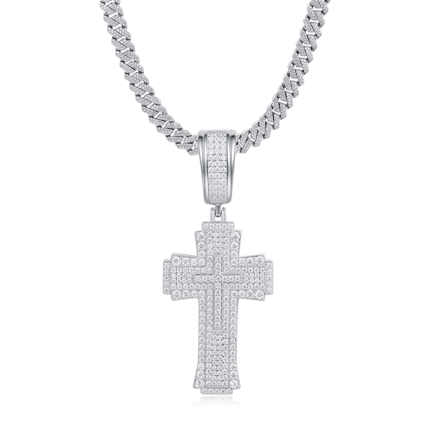 925 Sterling Silver Iced - Out Layered Cross Moissanite Hip - Hop Necklace”