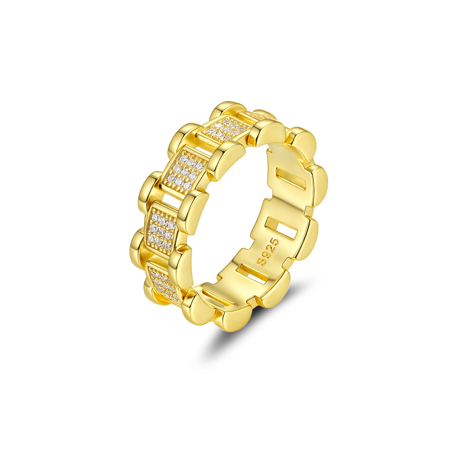 925 Sterling Silver Pave - Set Gold - Coated Moissanite Link - Design Hip - Hop Ring