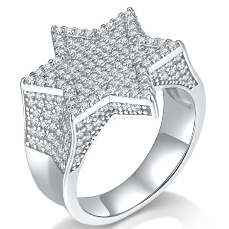 925 Silver Moissanite - Paved Starburst Hip - Hop Bling Ring