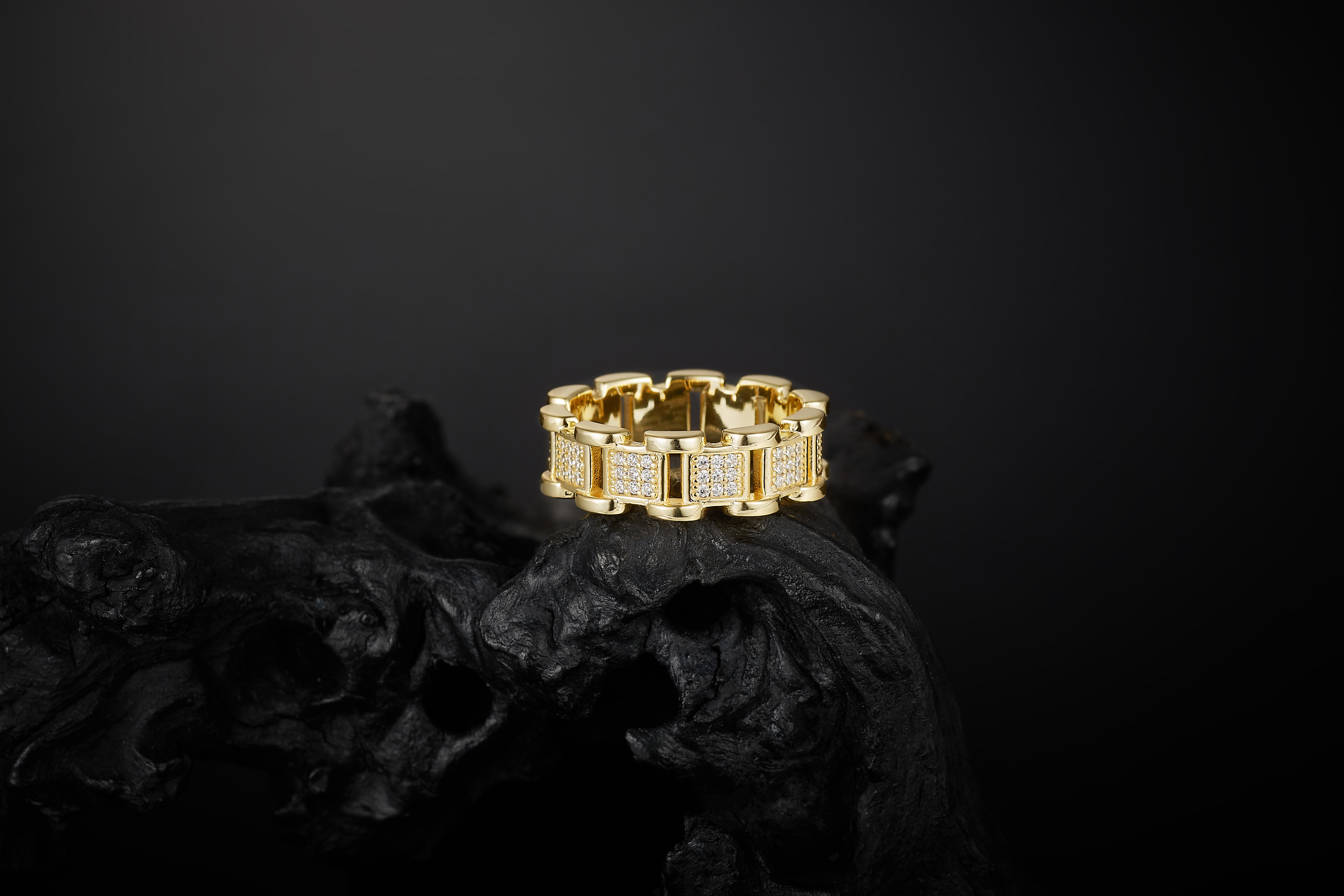 925 Sterling Silver Pave - Set Gold - Coated Moissanite Link - Design Hip - Hop Ring