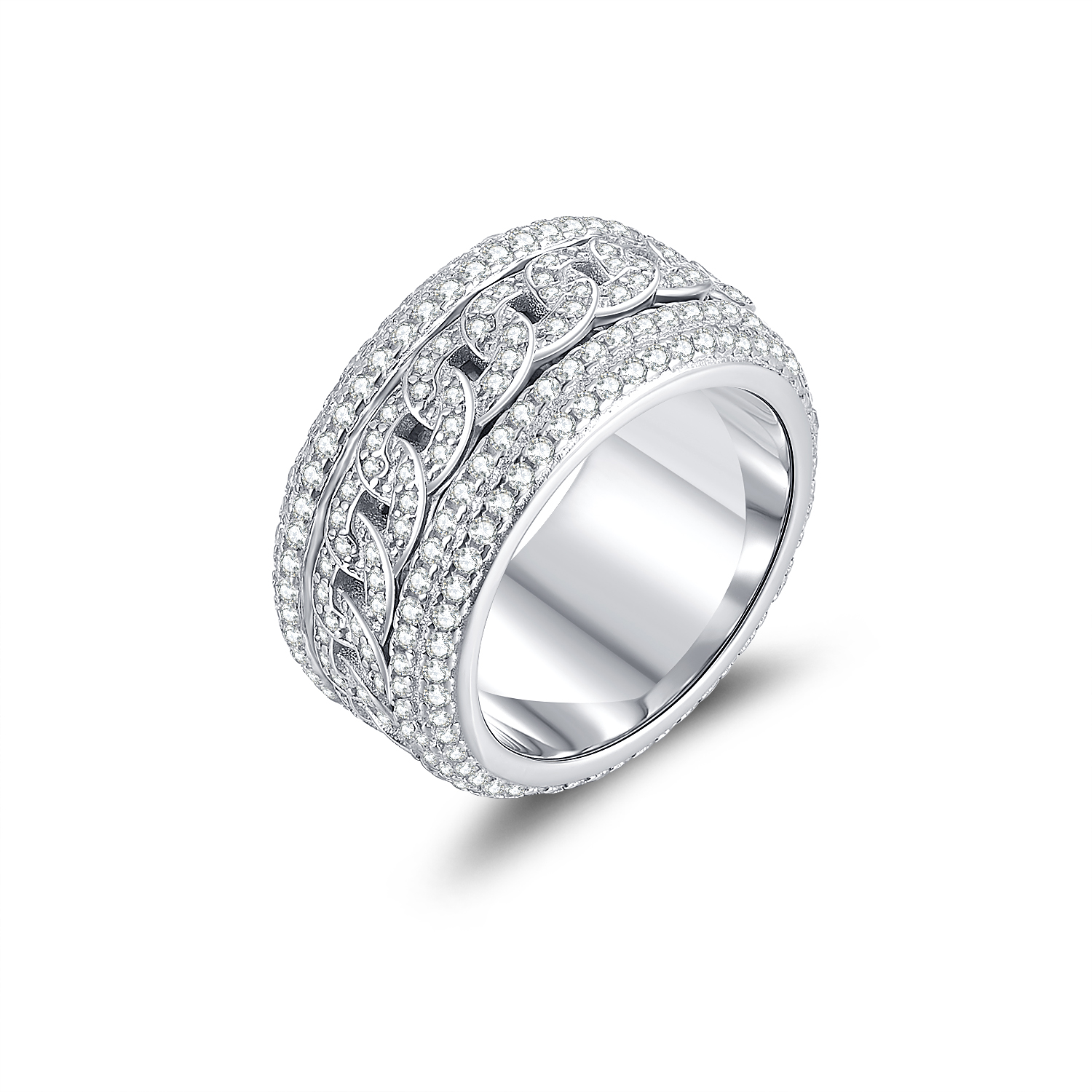 925 Sterling Silver Iced - Out Chain - Linked Moissanite Hip - Hop Ring