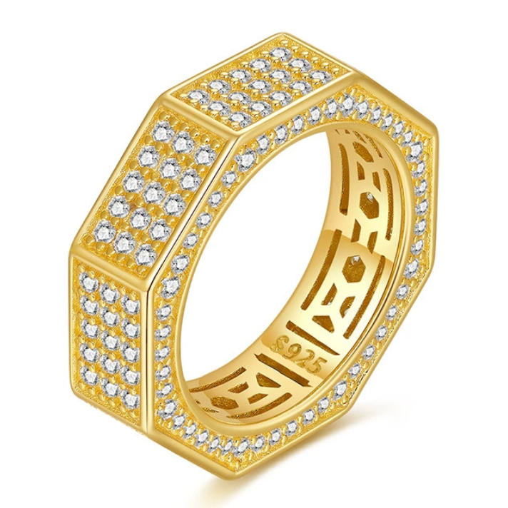 Iced Moissanite Octagonal 925 Silver Hip - Hop Ring with Pave - Set Stones