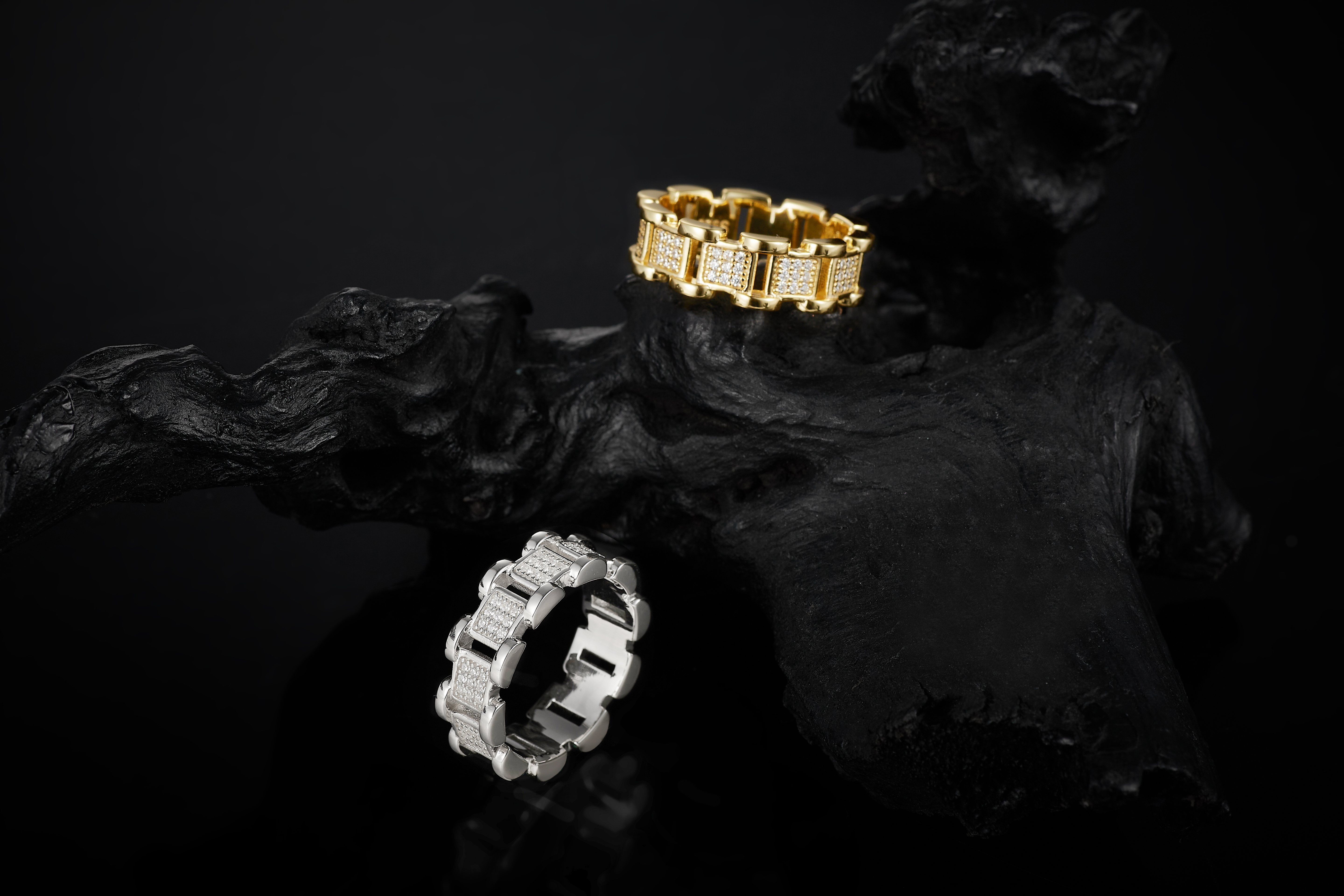 925 Sterling Silver Pave - Set Gold - Coated Moissanite Link - Design Hip - Hop Ring