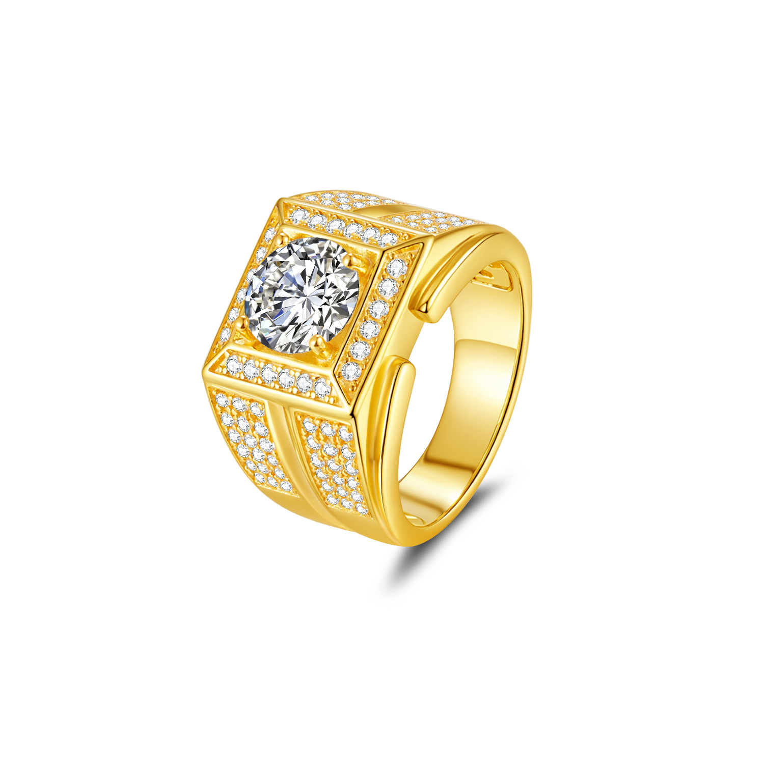 925 Sterling Silver Gold - Plated Moissanite Hip - Hop Bling Ring