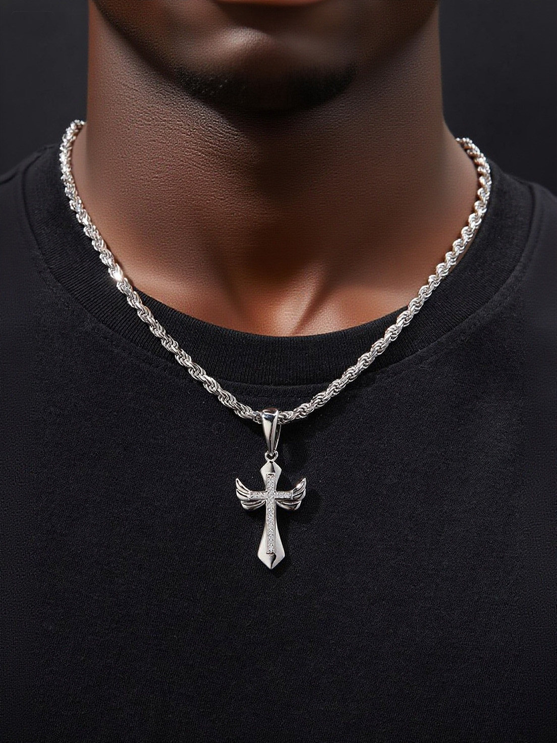 925 Silver 'Heavenly Bling' Wing - Adorned Cross Moissanite Swagger Chain