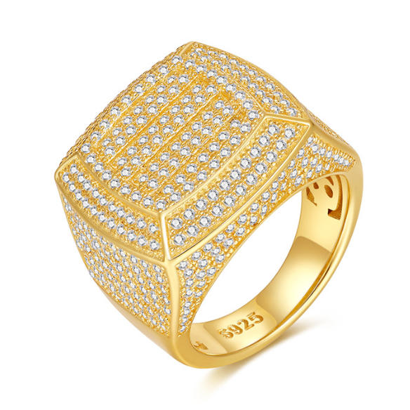 925 Silver Moissanite Loaded Square Domed Top Hip - Hop Bling Ring