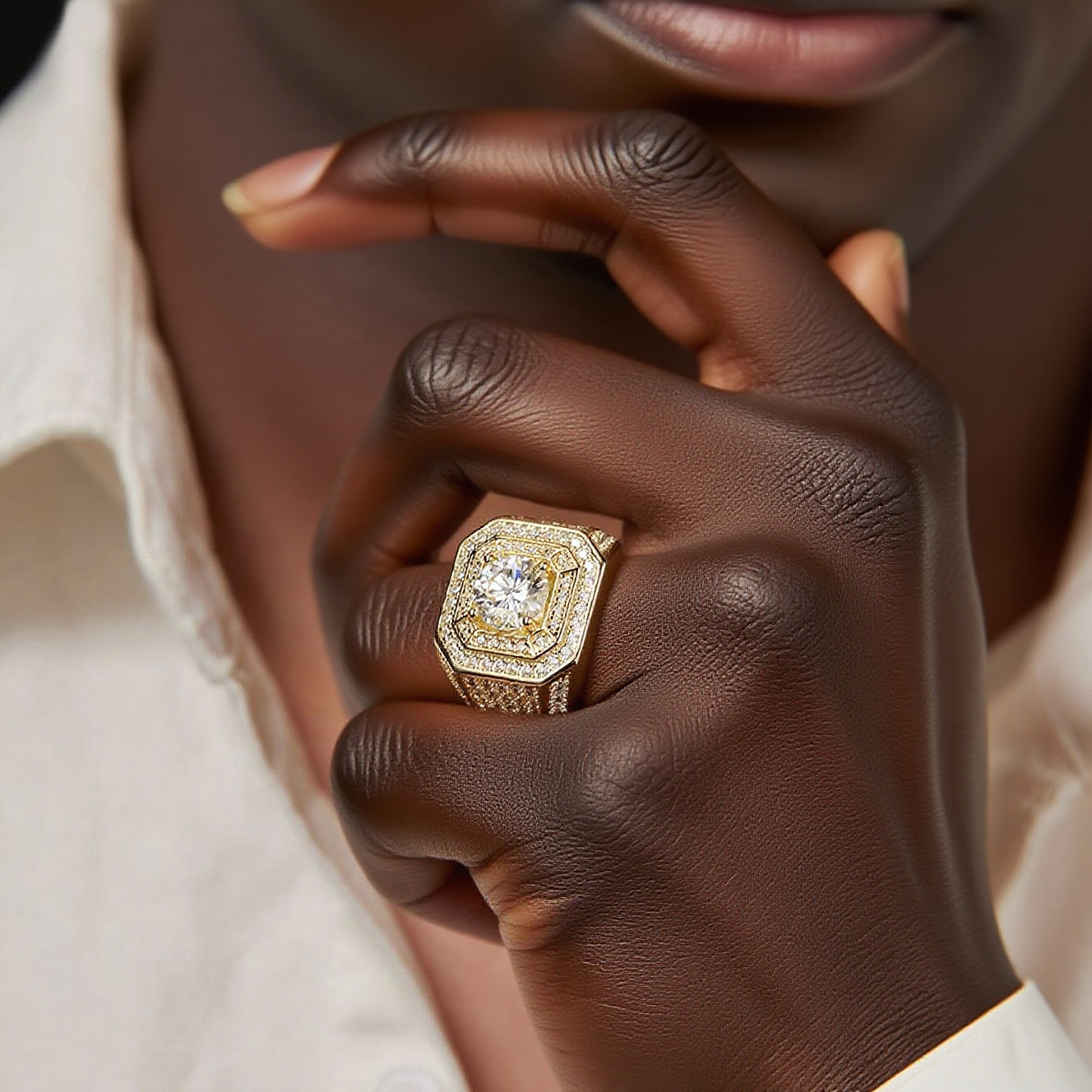 925 Silver Bling - Centric Gold - Tone Moissanite Octagon - Encrusted Hip - Hop Ring