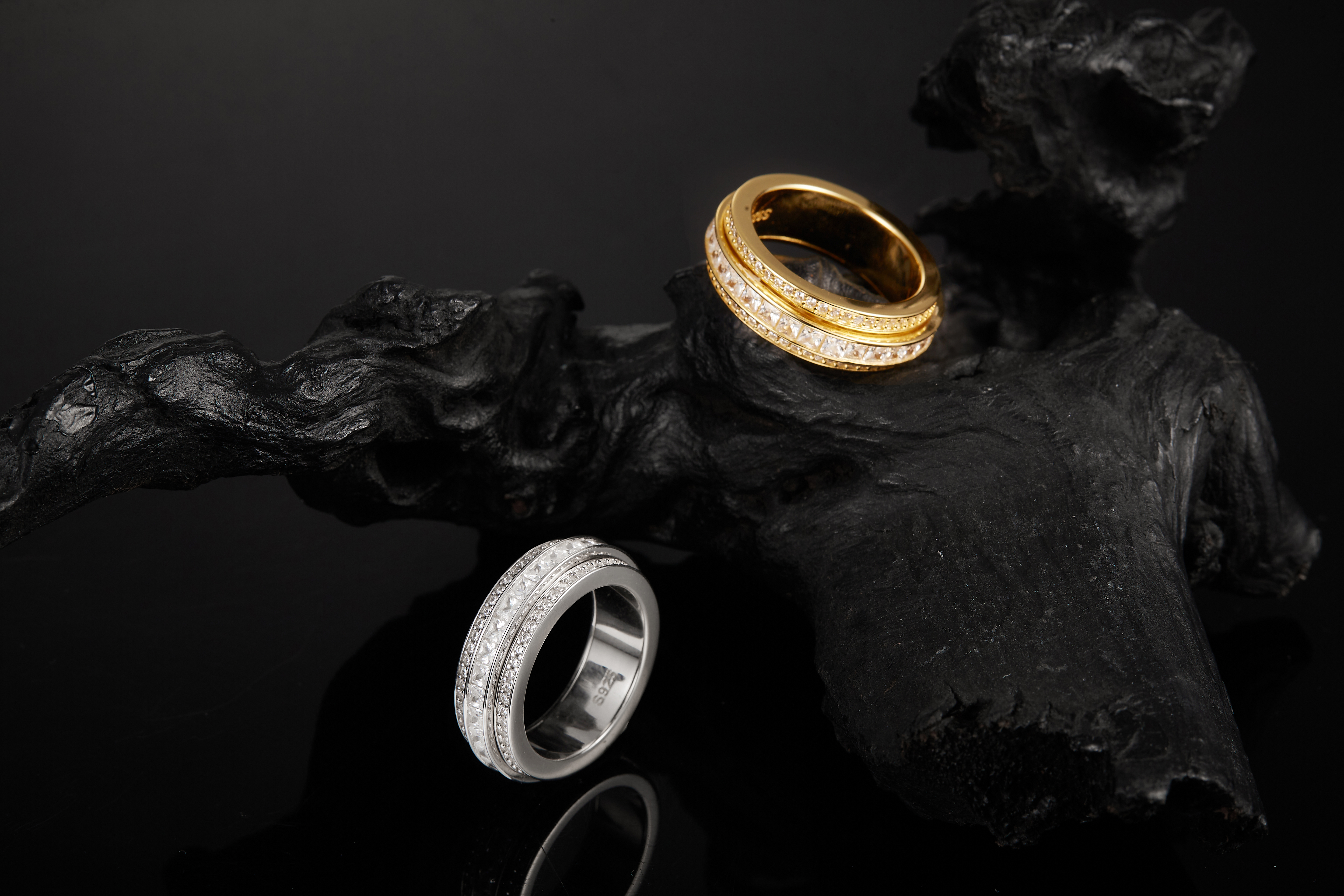 925 Silver Bling - Layered Gold - Tone Moissanite Dual - Cut Hip - Hop Rin