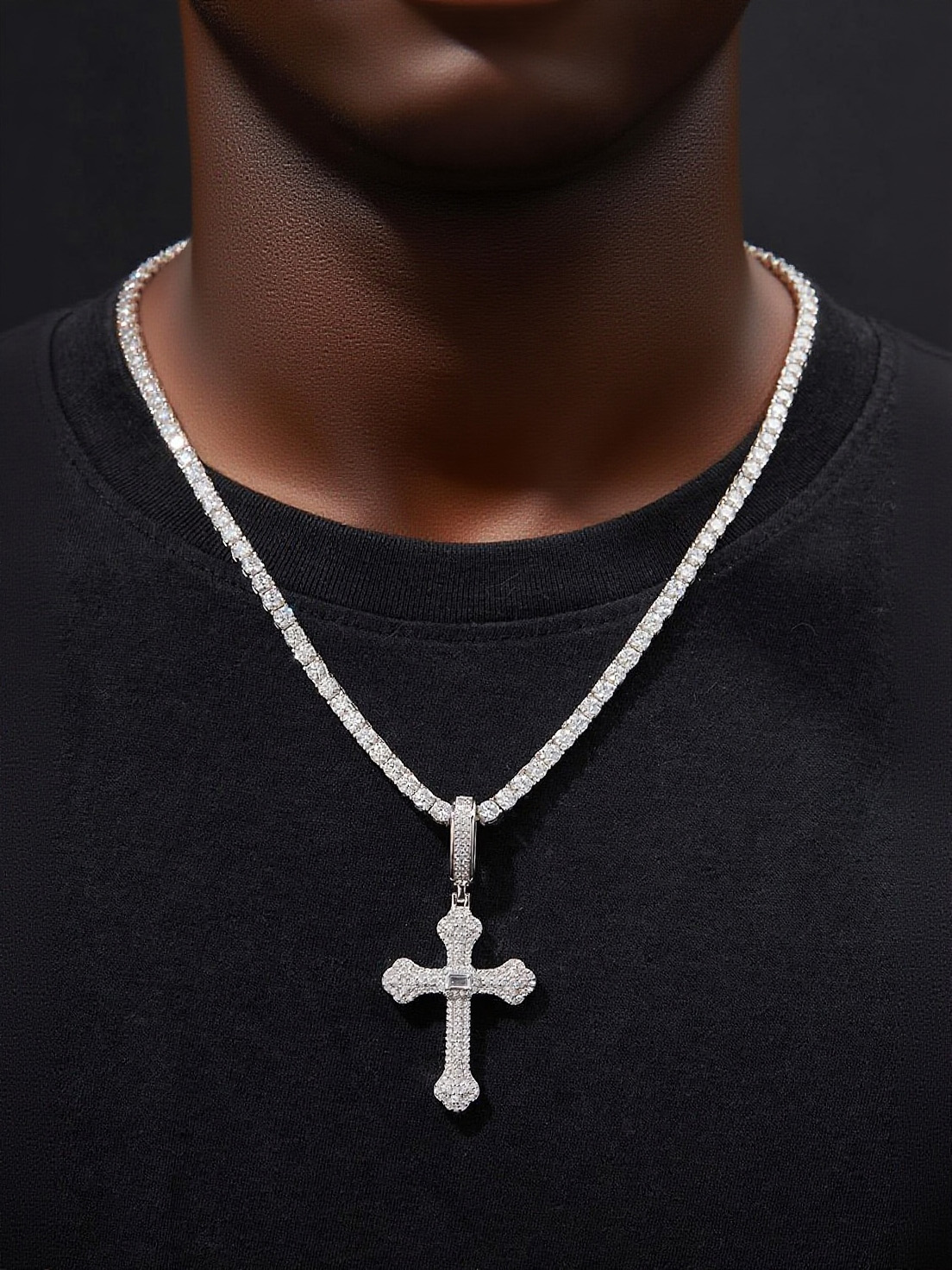 925 Sterling Silver Iced - Out Cross Pendant Moissanite Hip - Hop Necklace