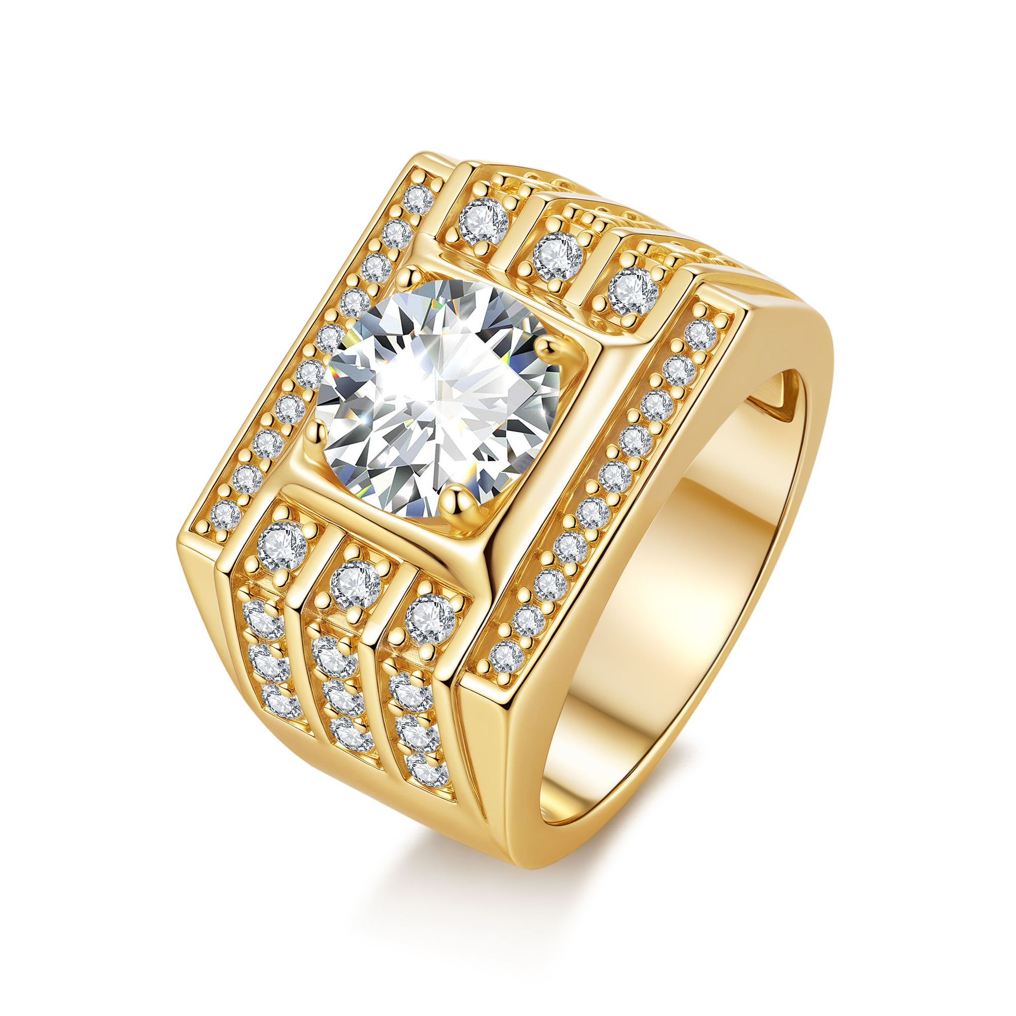 925 Silver Bling - Focused Gold - Tone Moissanite Statement Hip - Hop Ring