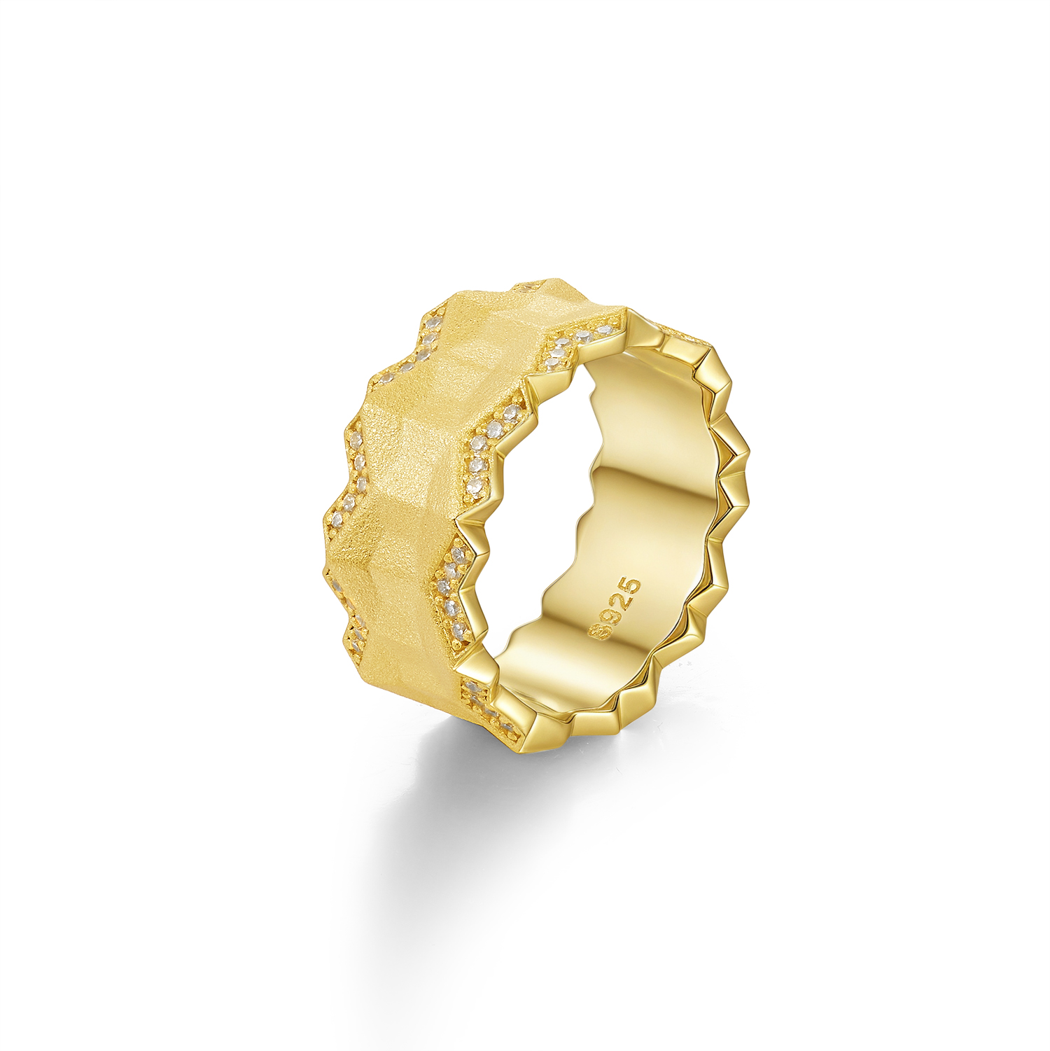 925 Sterling Silver Pave - Set Gold - Coated Moissanite Zig - Zag Hip - Hop Ring