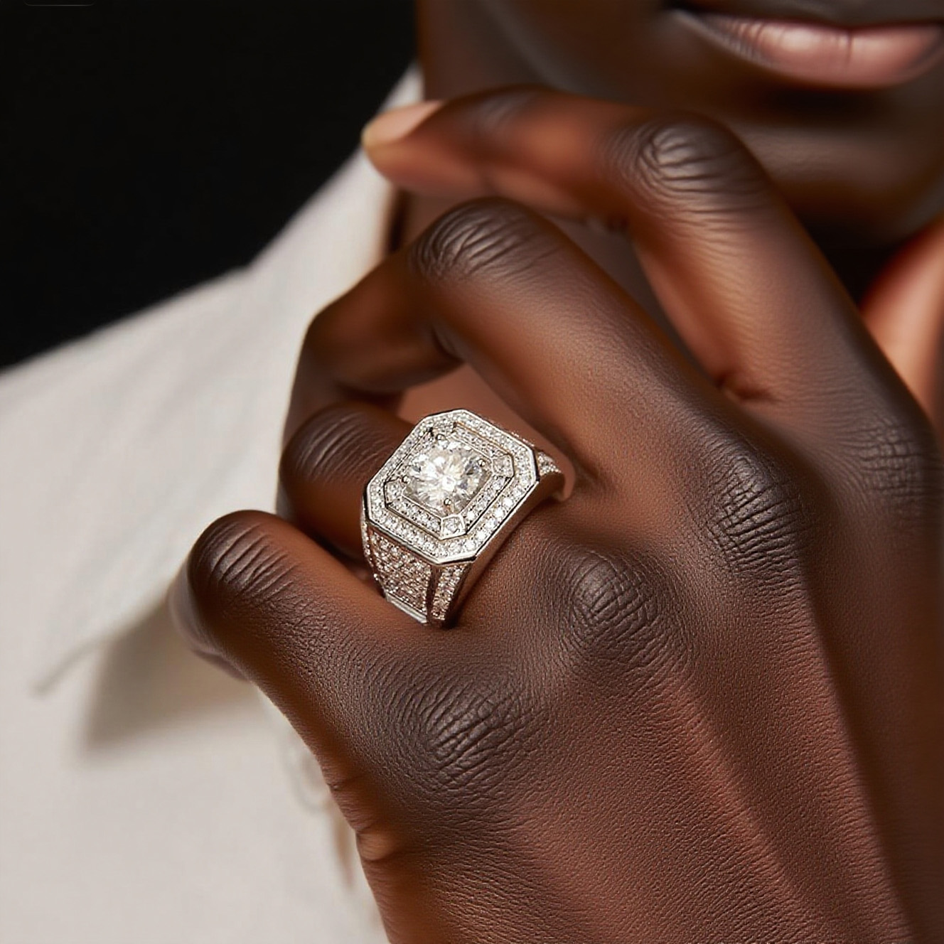 925 Silver Bling - Centric Gold - Tone Moissanite Octagon - Encrusted Hip - Hop Ring