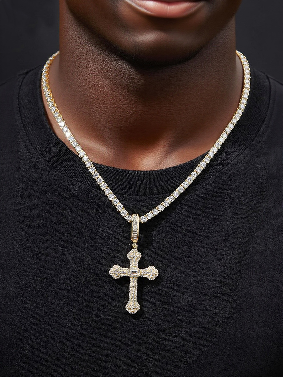 925 Sterling Silver Iced - Out Cross Pendant Moissanite Hip - Hop Necklace