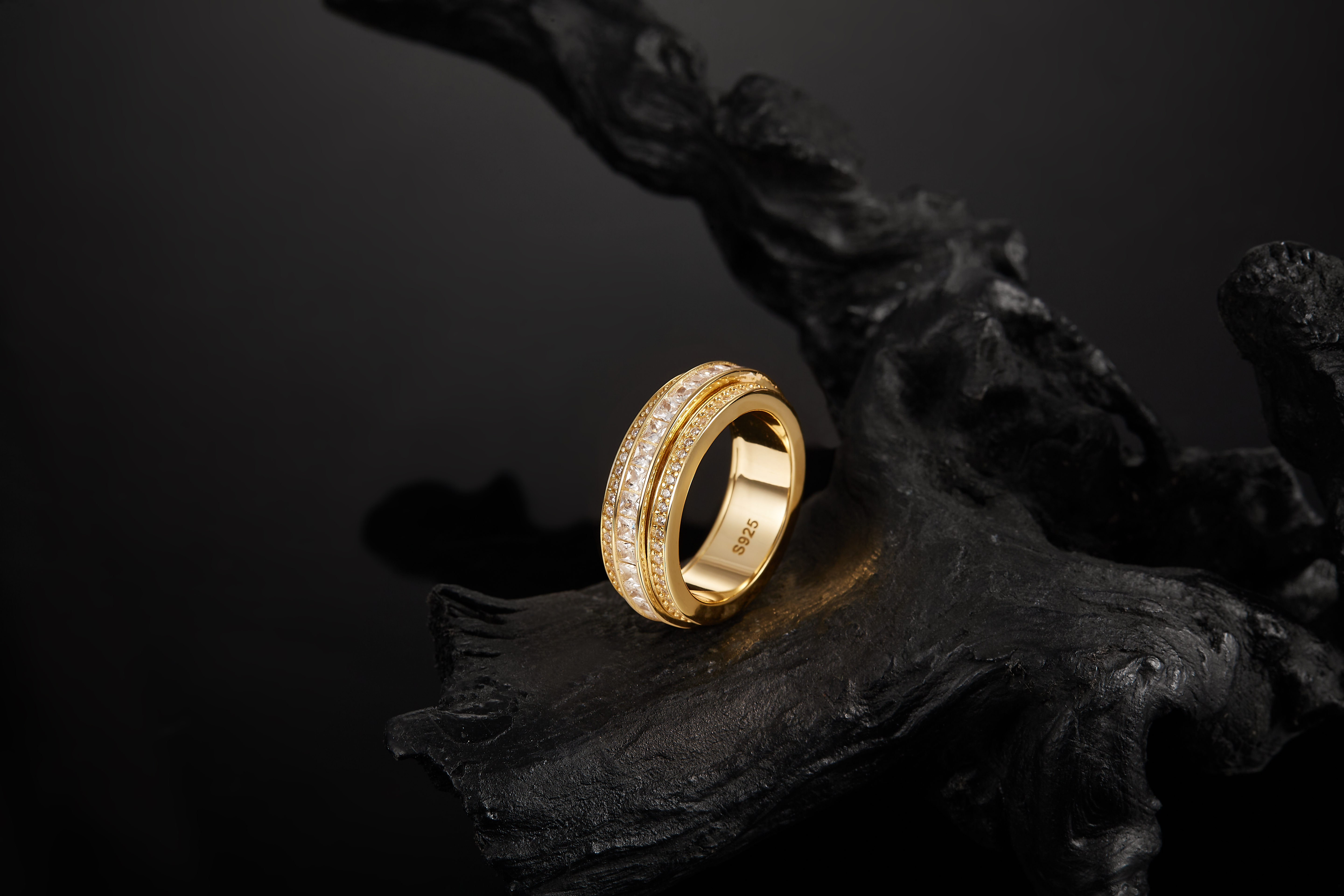 925 Silver Bling - Layered Gold - Tone Moissanite Dual - Cut Hip - Hop Rin