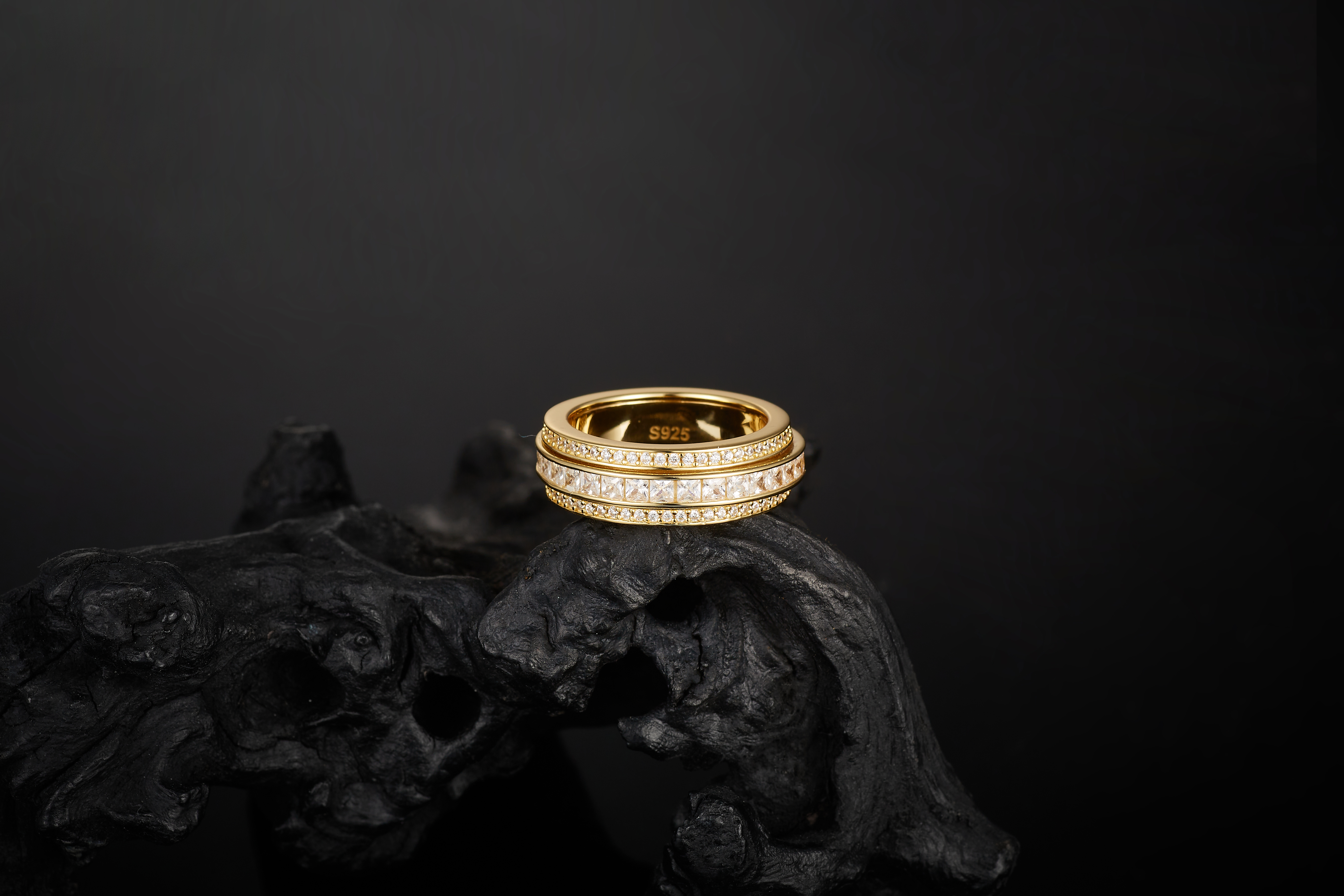 925 Silver Bling - Layered Gold - Tone Moissanite Dual - Cut Hip - Hop Rin