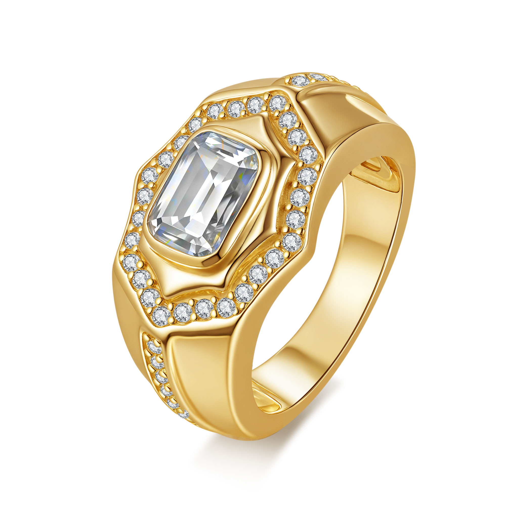 925 Silver Bling - Central Gold - Tone Emerald - Shaped Moissanite Hip - Hop Ring