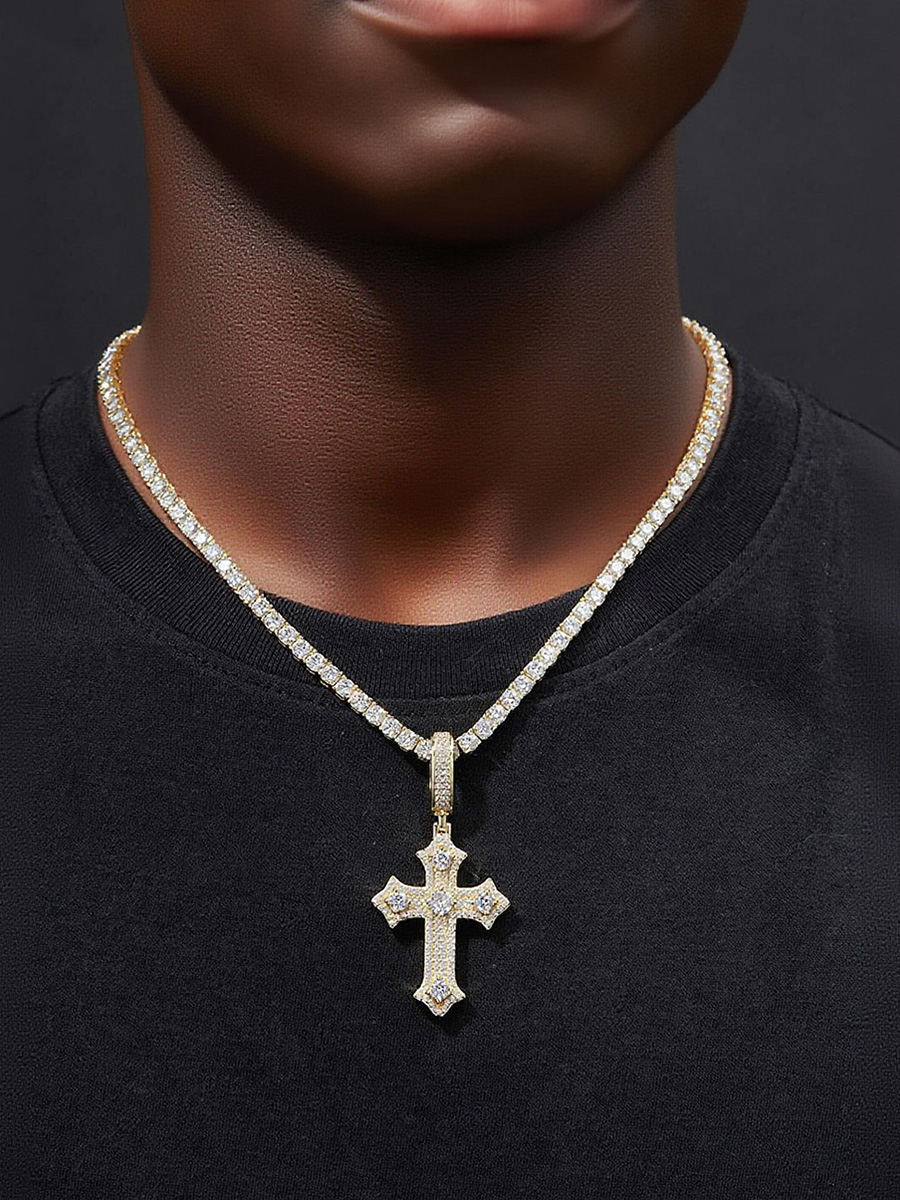 925 Sterling Silver Iced - Out Ornate Cross Moissanite Cuban Link Hip - Hop Necklac