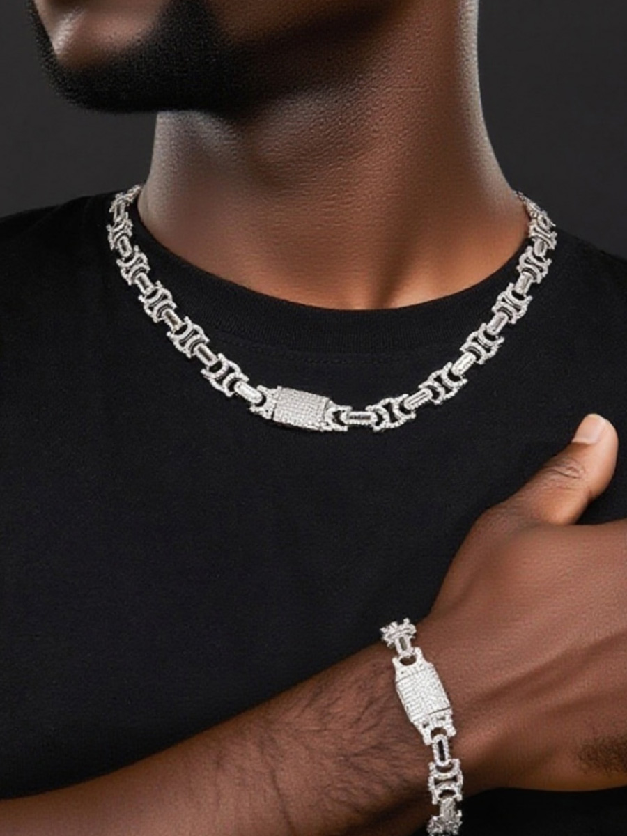 925 Silver Hip - Hop Interlock Necklace | Iced Moissanite, Pave - Set Clasp”