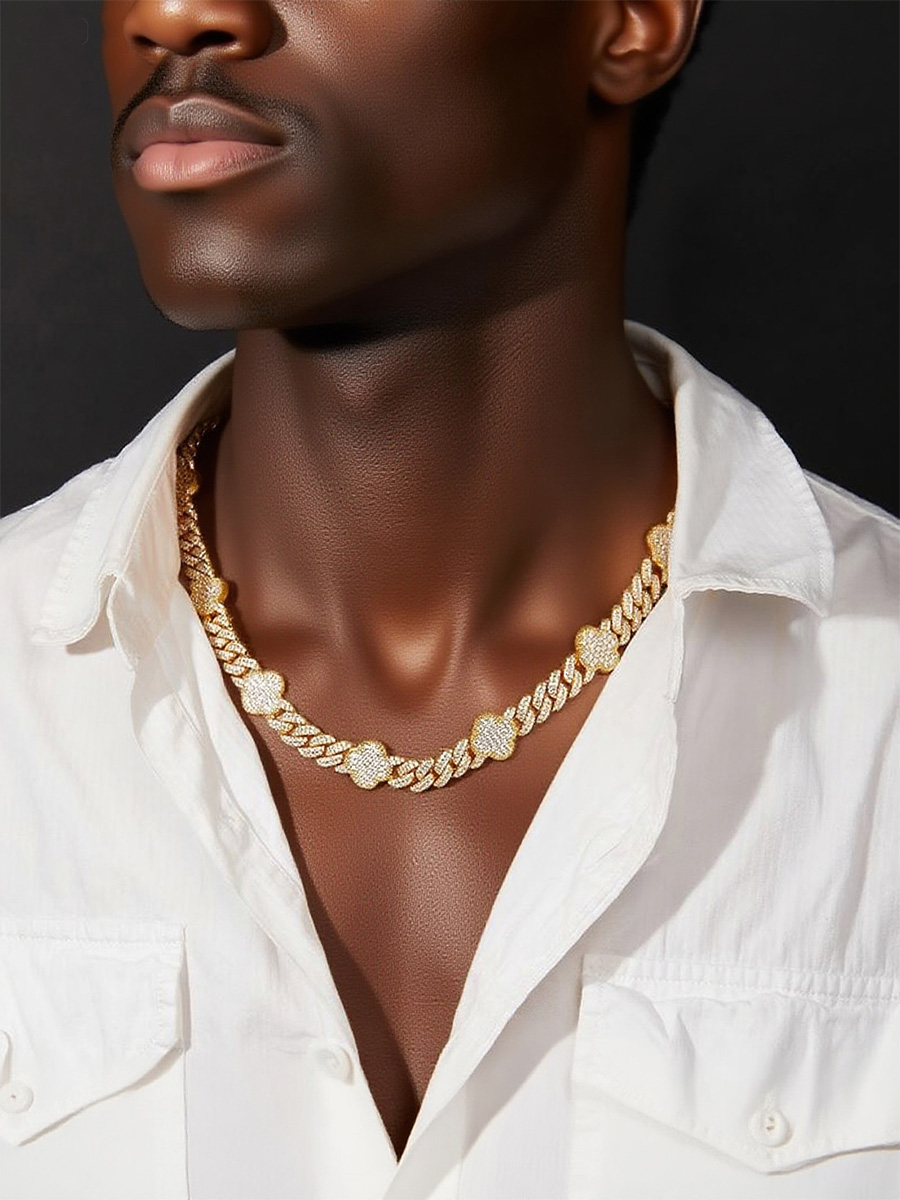 925 Silver Moissanite - Paved Clover Link Hip - Hop Bling Necklace