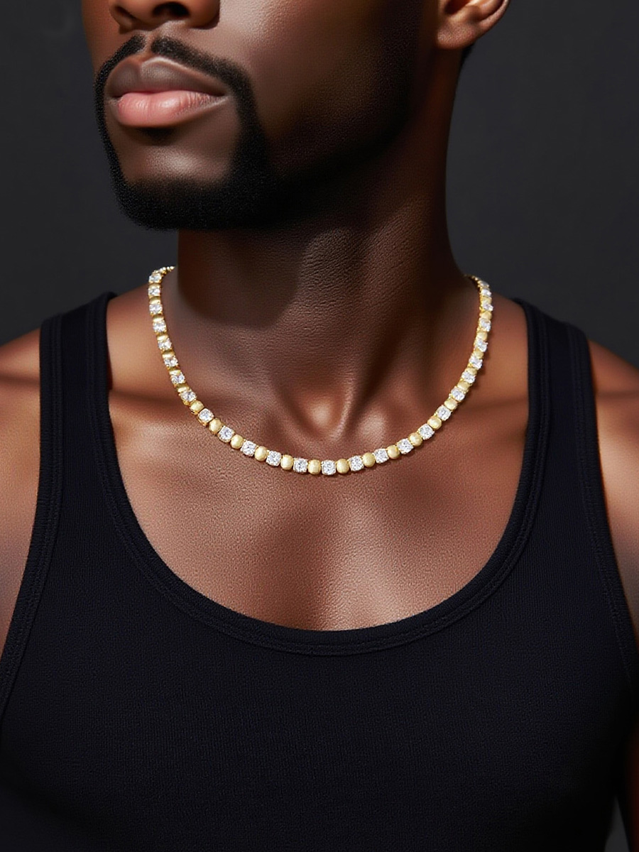 925 Silver Moissanite - Studded Gold - Tone Hip - Hop Ball Chain Necklace