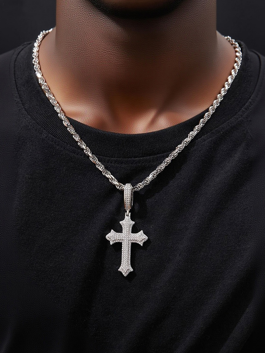 925 Silver Moissanite - Iced Ornate Cross Hip - Hop Rope Chain Necklace