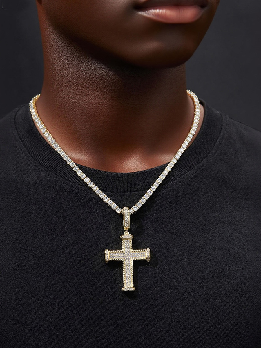 Iced - Out 925 Sterling Silver Moissanite Cross Hip - Hop Tennis Necklace