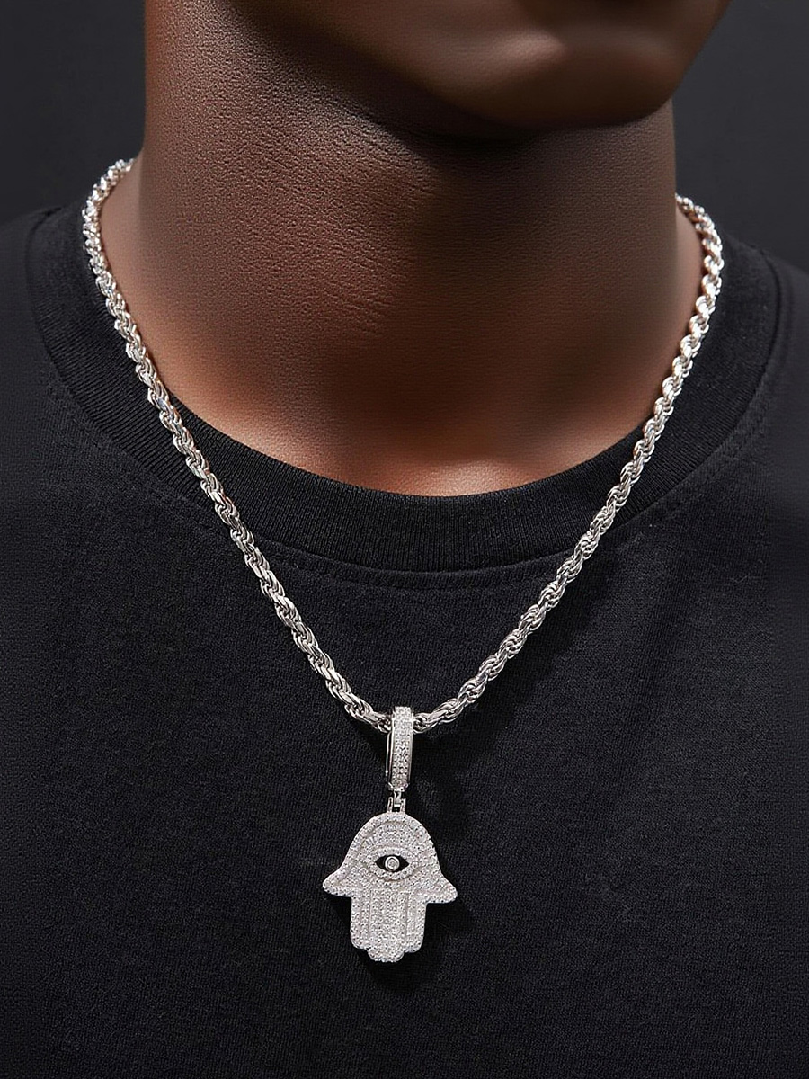 925 Silver Moissanite - Paved Hamsa Hand Hip - Hop Bling Chain Necklace