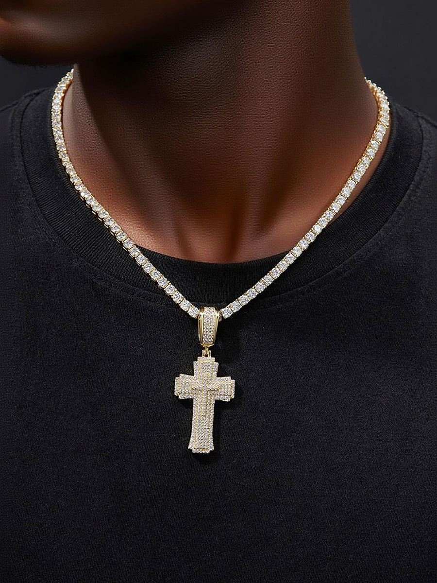 925 Sterling Silver Iced - Out Layered Cross Moissanite Hip - Hop Necklace”