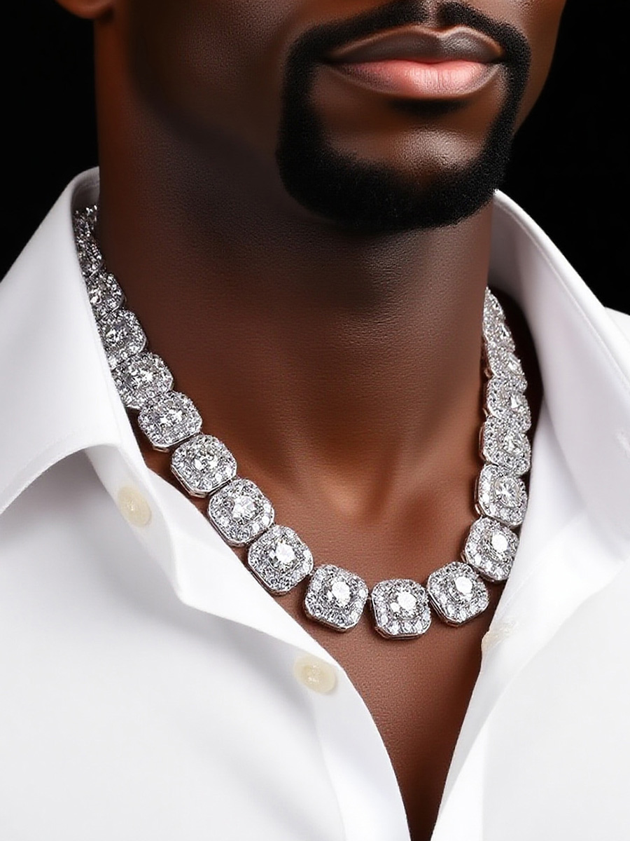 Iced Moissanite Square 925 Silver Hip - Hop Chain with Pave - Set Links Necklace