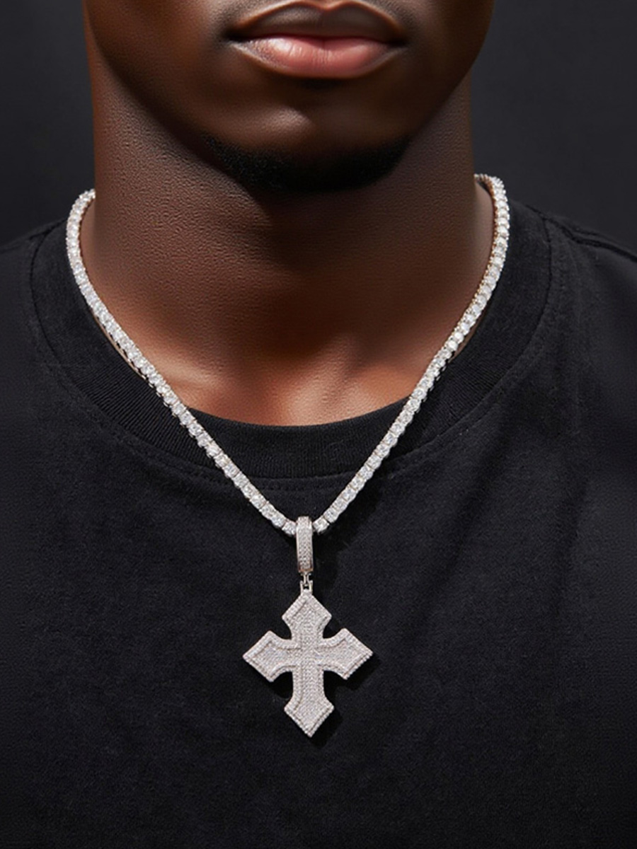 925 Sterling Silver Diamond - Cut Moissanite Cross Hip - Hop Statement Necklace