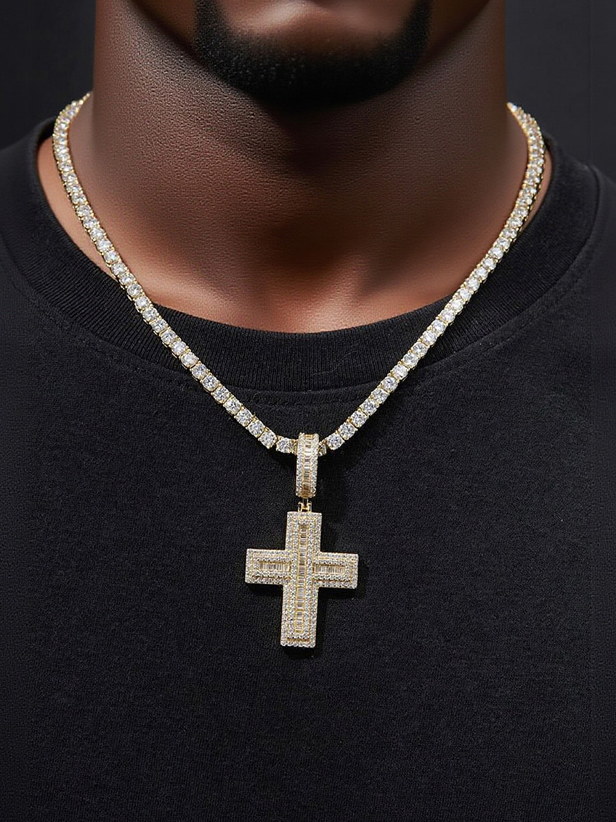 925 Silver Moissanite - Paved Baguette & Round Cross Hip - Hop Bling Chain Necklace