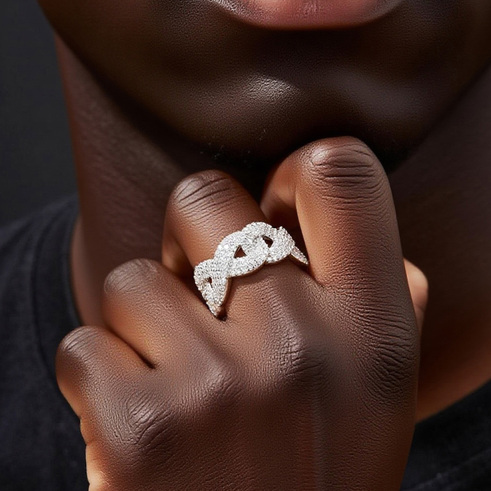 Woven 925 Silver Iced - Out Moissanite Hip - Hop Bling Ring